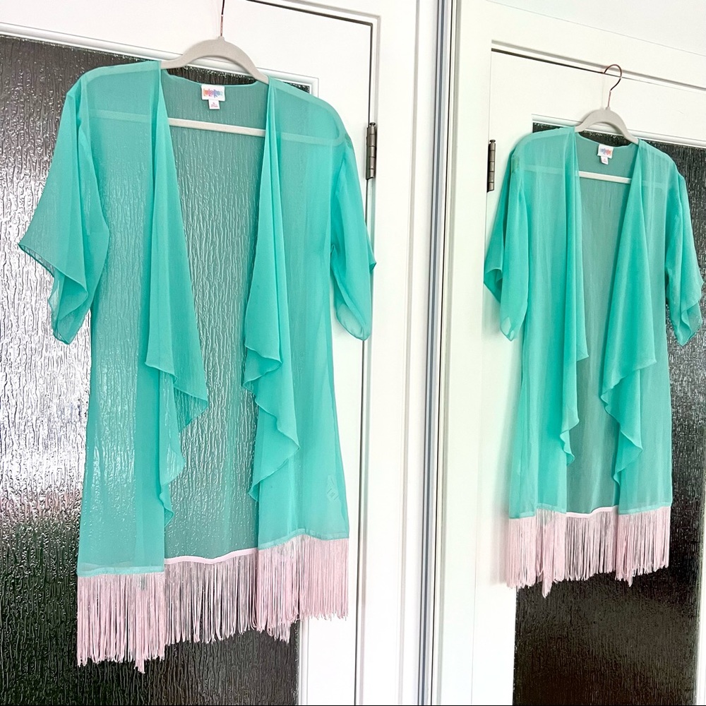 Green and pink fringe kimono swim cover up